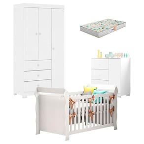 Quarto de Bebê Duda 3 Portas e Berço Americano Lara Branco Brilho com Colchão Gazin - Phoenix Baby