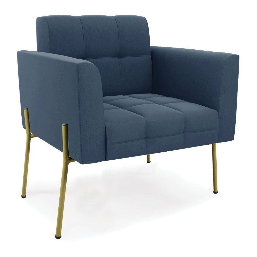 Poltrona Pé De Ferro Dourado Para Sala Elisa Suede Azul Marinho D03 - D`rossi
