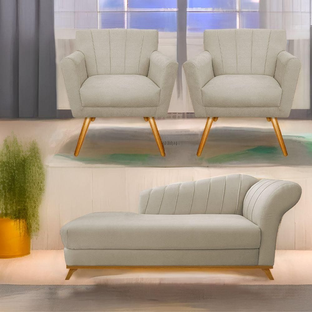 Kit Diva Recamier Vanessa 140Cm Lado Esquerdo E 02 Poltronas Laura Suede Cor Bege