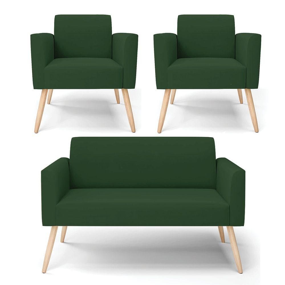 Sofá Namoradeira Com 2 Poltronas Pés Palito Natural Marisa Veludo Verde D03 - D`rossi