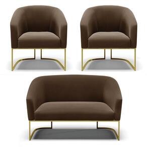 Namoradeira E 2 Poltronas Base Industrial Dourado Stella Suede Marrom D03 - D`rossi