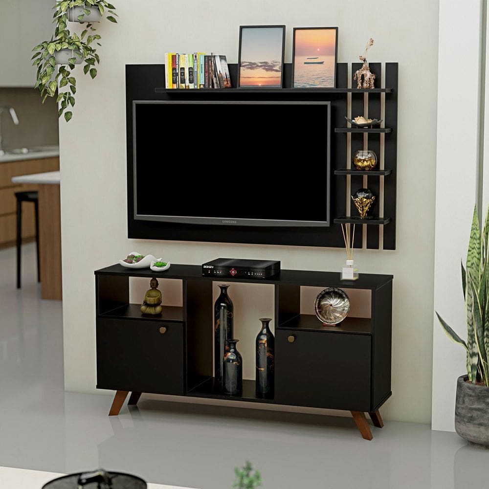 Rack com Painel para Tv até 50 Polegadas 2 Portas e Pés Retrô Preto