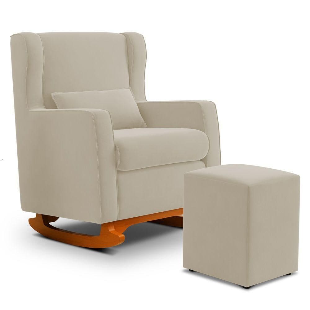 Poltrona De Amamentação E Descanso Zoe Com Base Balanço E Puff Sintético Bege - Desk Design
