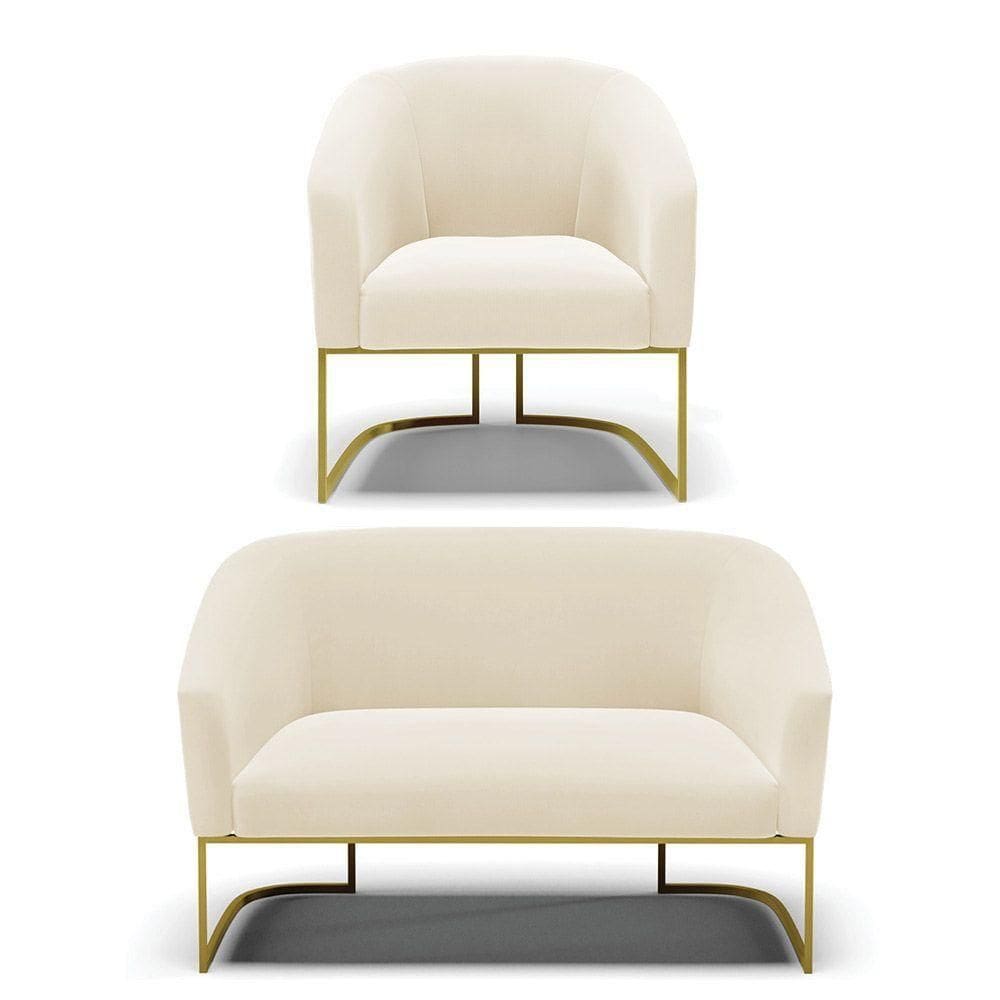 Sofá Namoradeira E Poltrona Base Industrial Dourado Stella Veludo Bege D03 - D`rossi