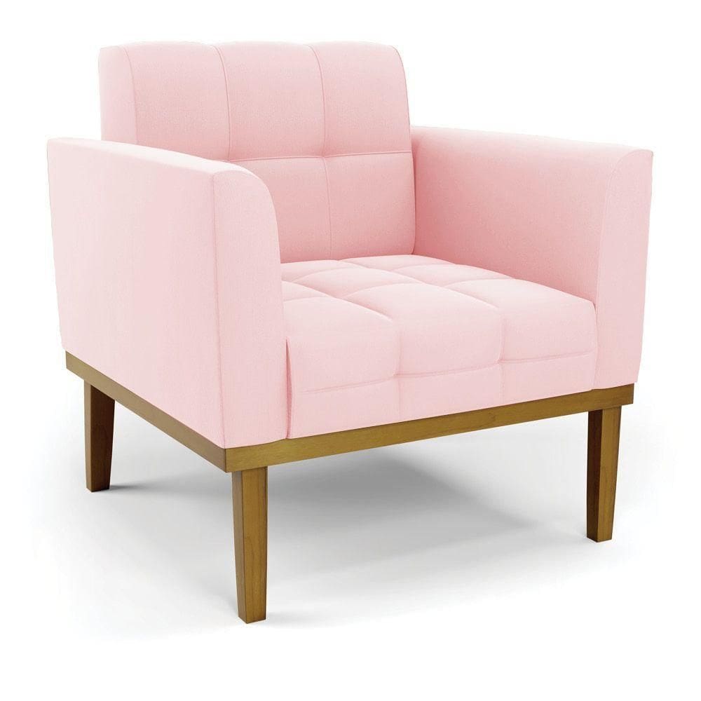 Poltrona Base De Madeira Fixa Castanho Elisa Suede Rosa Bebê D03 - D`rossi