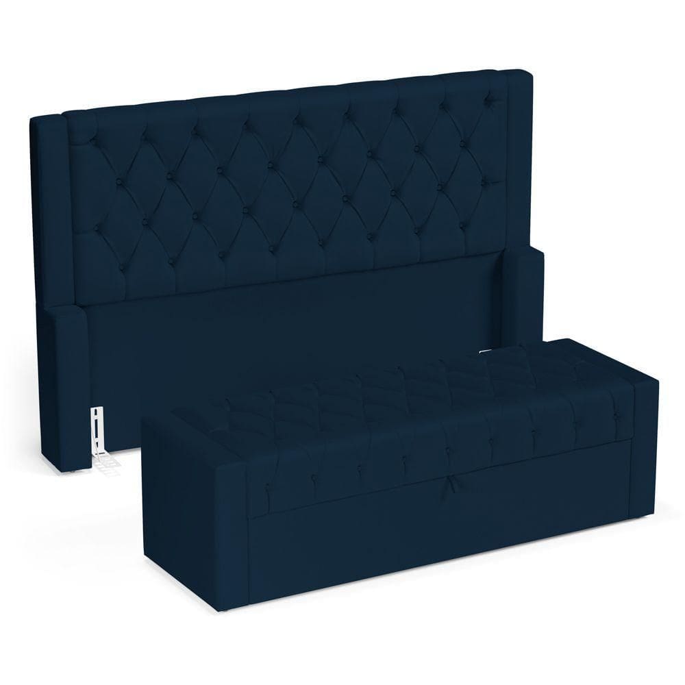 Cabeceira E Calçadeira Báu Queen Size Atena 160cm Capitonê Veludo Azul Marinho - Desk Design