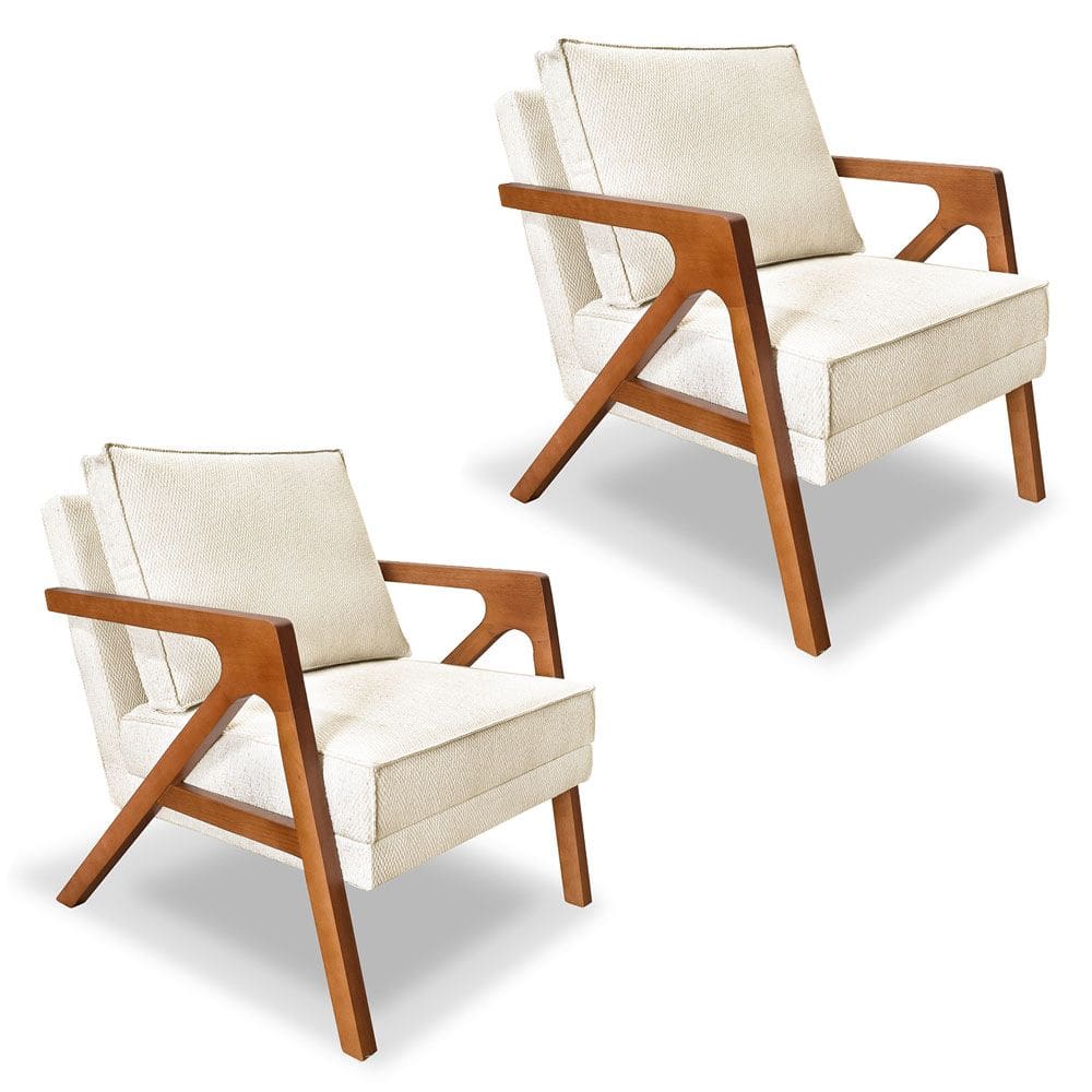Kit 2 Poltronas Decorativa Luiza Linho Bouclê Bege Base em Madeira Castanho - Pallazio