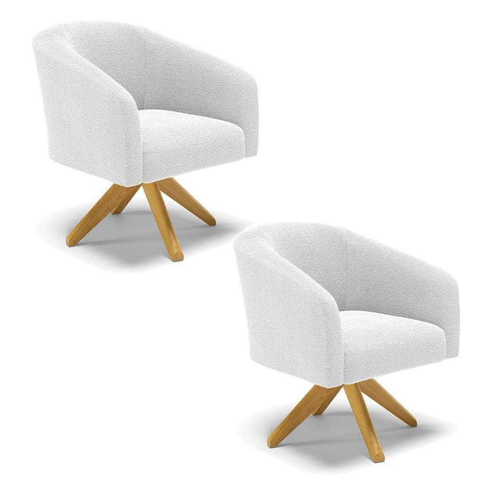 Kit 2 Poltronas Giratória Stella Bouclê Off White Base De Madeira Ma30 - D`rossi