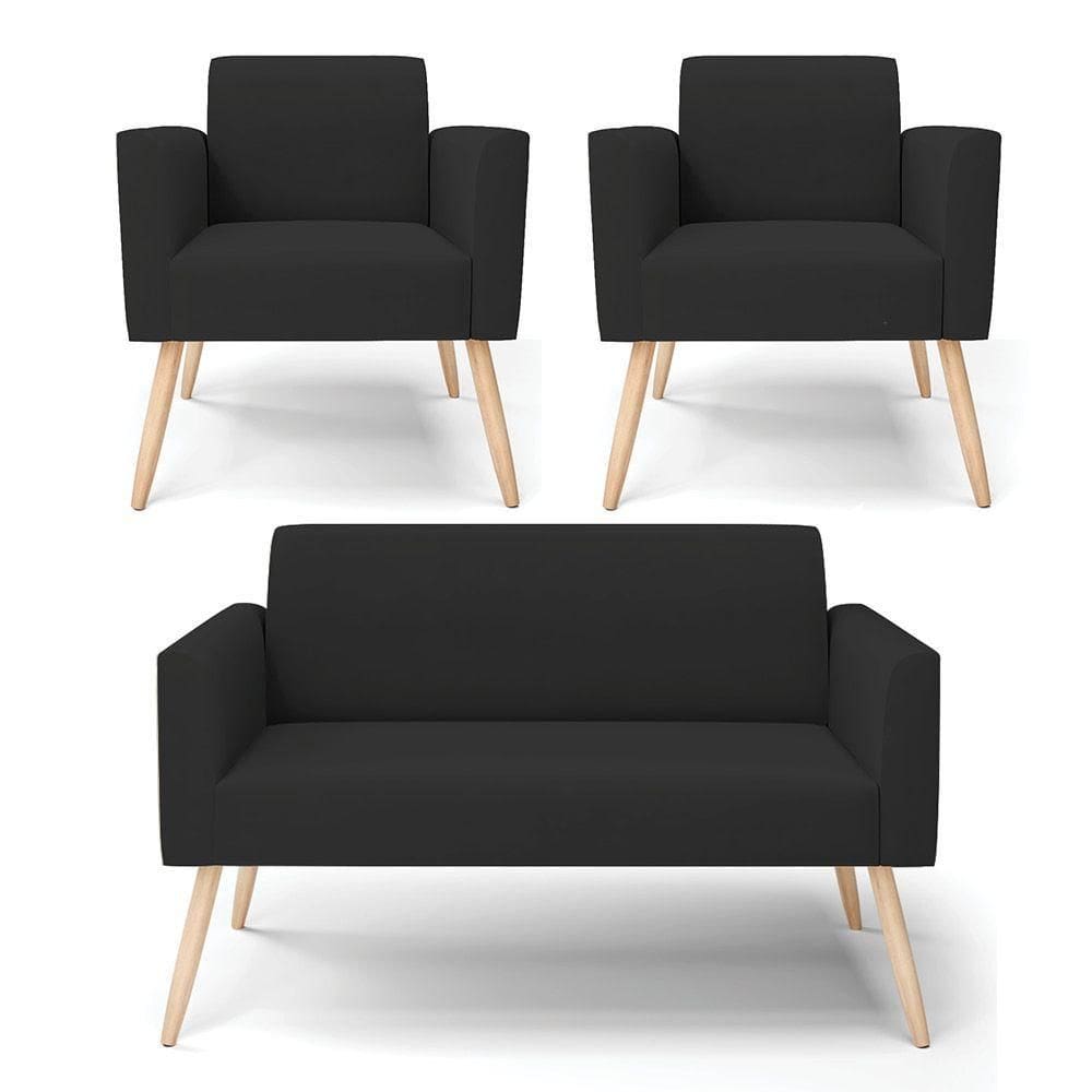 Sofá Namoradeira Com 2 Poltronas Pés Palito Natural Marisa Veludo Preto D03 - D`rossi