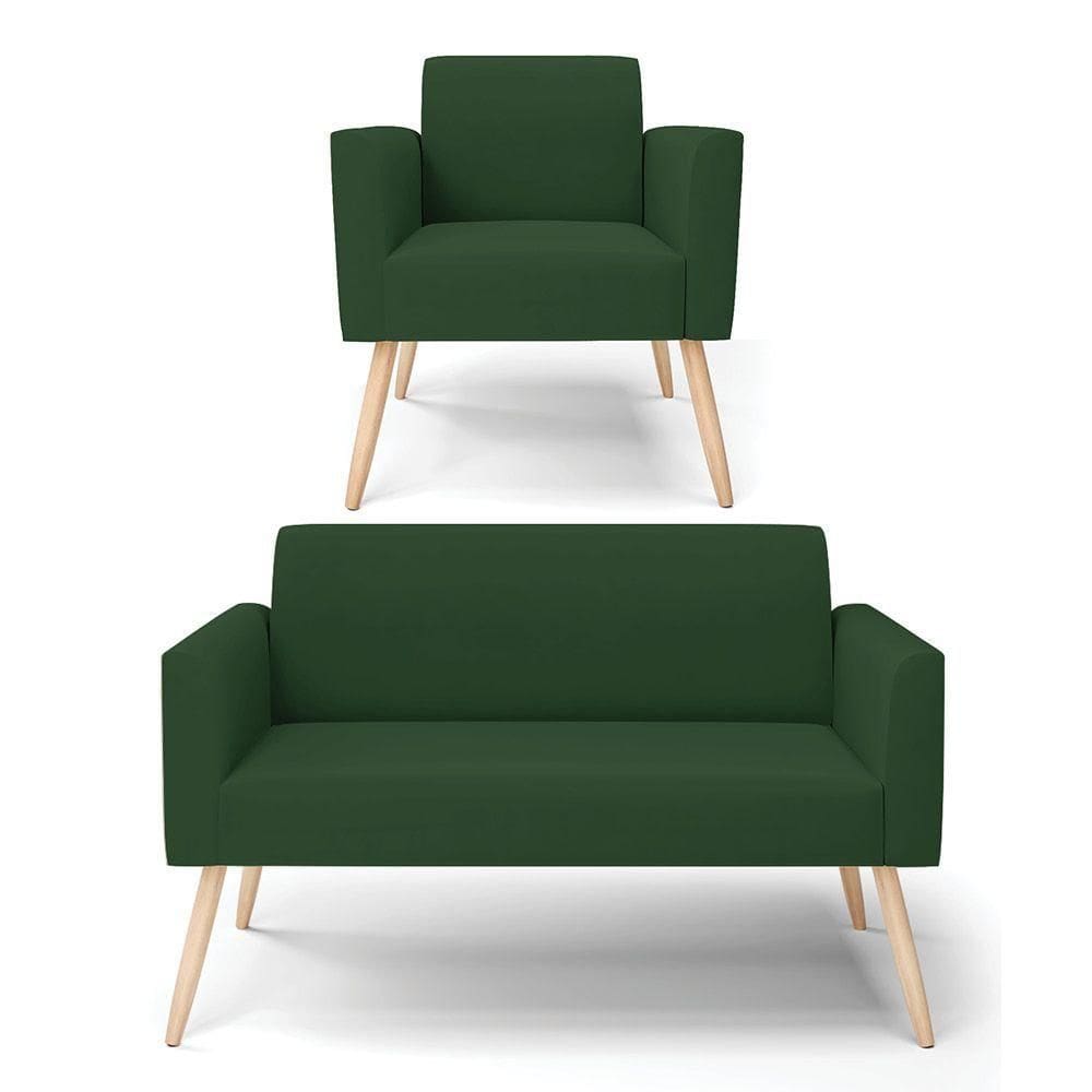 Sofá Namoradeira Com Poltrona Pés Palito Natural Marisa Veludo Verde D03 - D`rossi