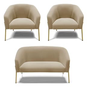 Sofá Namoradeira E 2 Poltronas Pé De Ferro Dourado Stella Suede Marrom Rato D03 - D`rossi