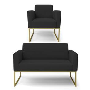Sofá Namoradeira Com Poltrona Base Industrial Dourado Marisa Veludo Preto D03 - D`rossi