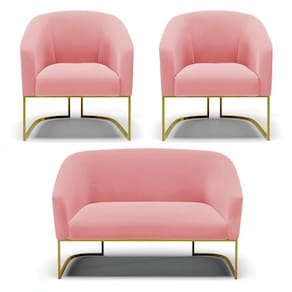 Namoradeira E 2 Poltronas Base Industrial Dourado Stella Suede Rosê D03 - D`rossi