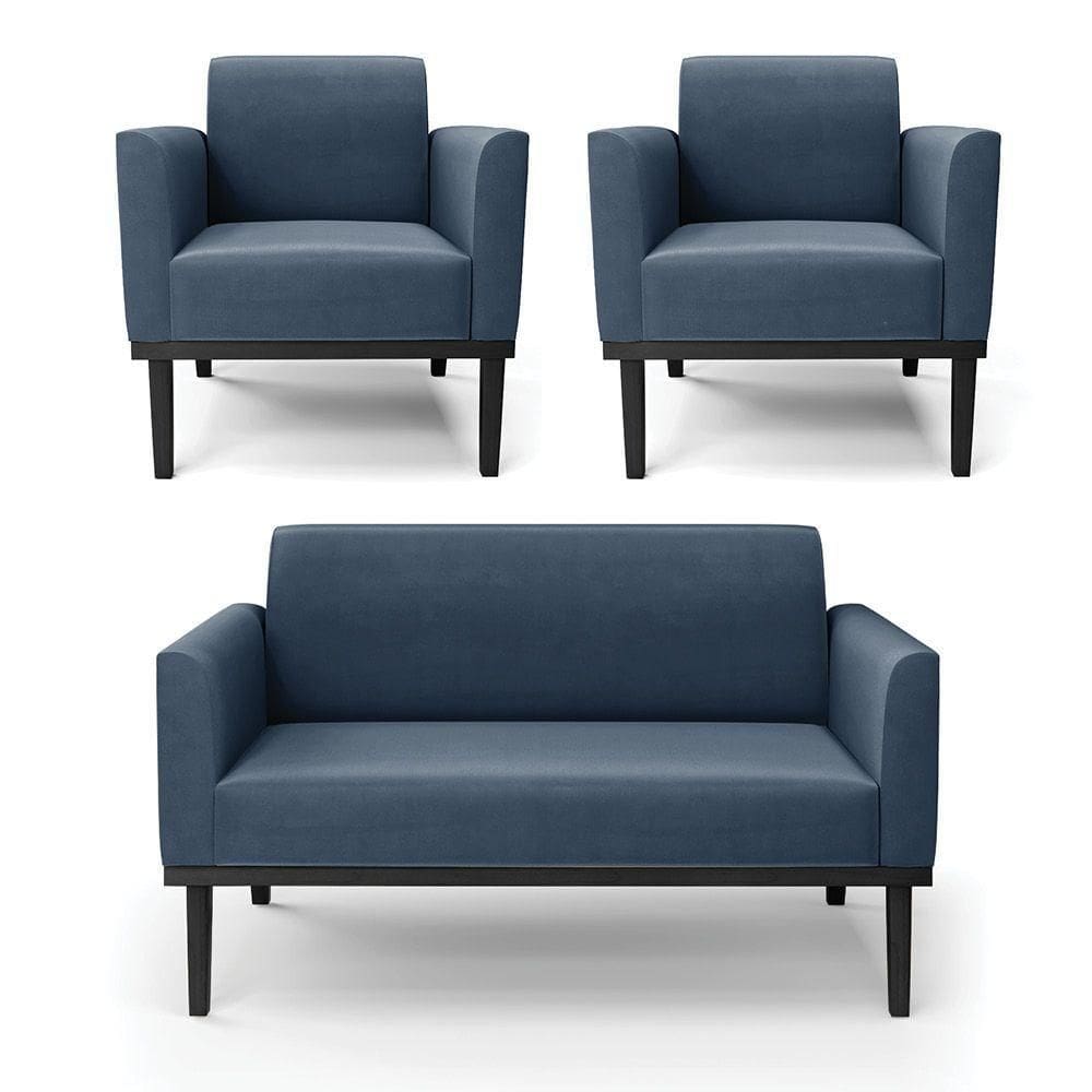 Sofá Namoradeira Com 2 Poltronas Base De Madeira Fixa Preto Marisa Suede D03 - D`Rossi Azul Marinho