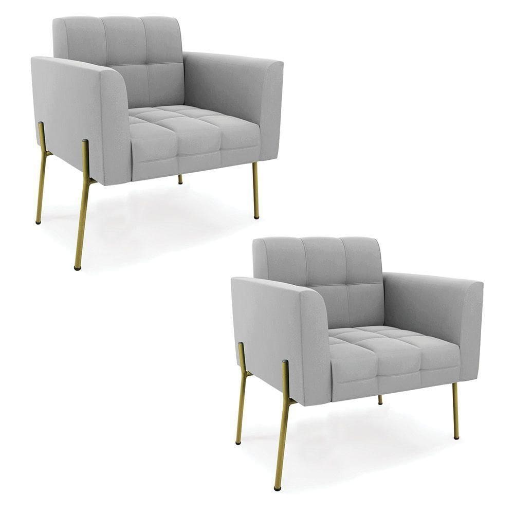 Poltrona Pé De Ferro Dourado Para Sala Kit 2 Elisa Suede Cinza D03 - D`rossi
