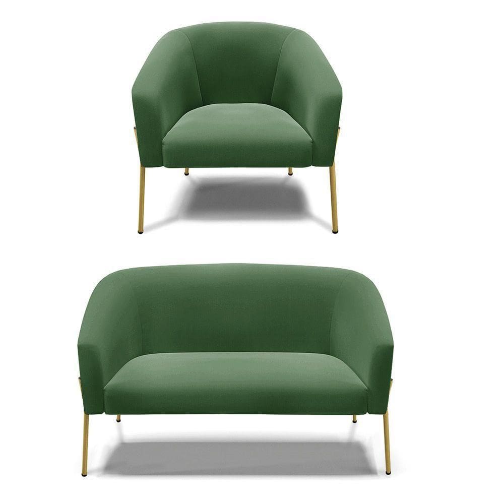 Sofá Namoradeira E Poltrona Pé De Ferro Dourado Stella Suede D03 - D`rossi Cor Verde