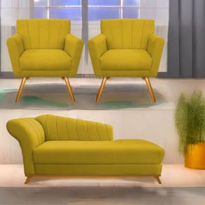 Kit Diva Recamier Vanessa 140Cm Lado Direito E 02 Poltronas Laura Suede Cor Amarelo