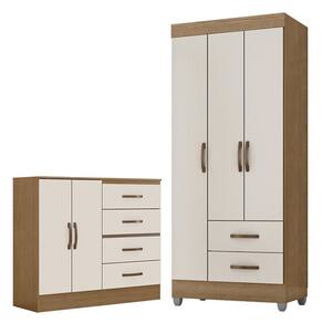 Guarda Roupa Solteiro 3 Portas e Cômoda 4 Gavetas e 2 Portas Lite Nature Off White - Móveis Leão