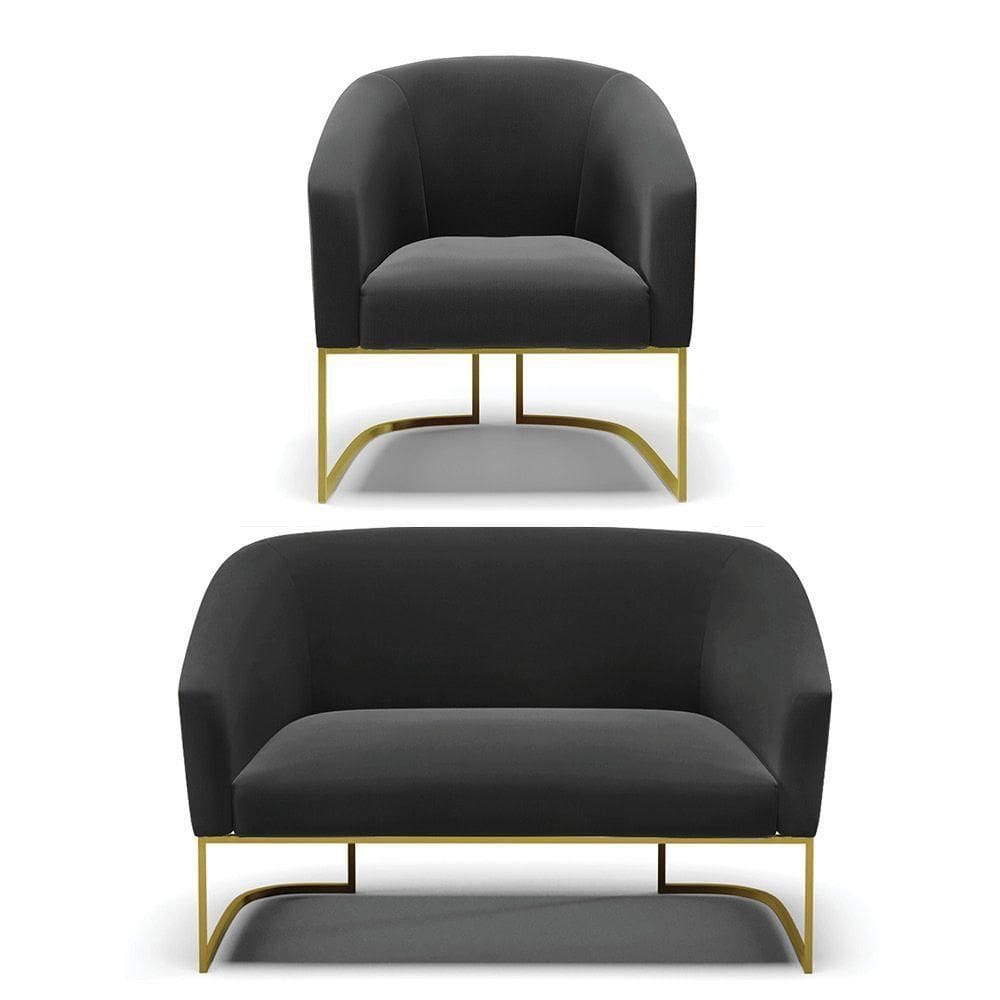 Namoradeira E Poltrona Base Industrial Dourado Stella Suede Preto D03 - D`rossi