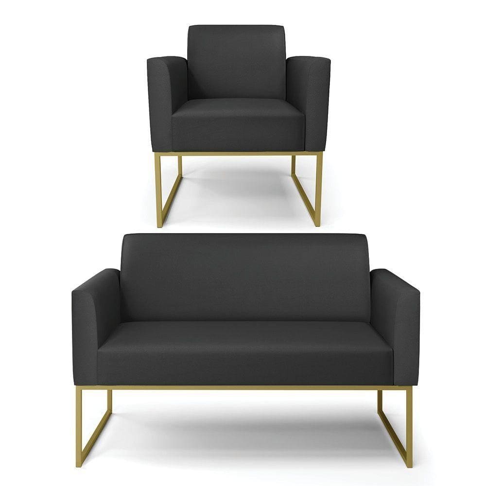 Sofá Namoradeira Com Poltrona Base Industrial Dourado Marisa Corino Preto D03 - D`rossi