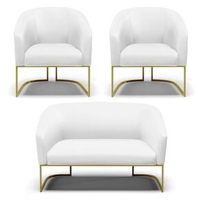 Sofá Namoradeira E 2 Poltronas Base Industrial Dourado Stella Corino Branco D03 - D`rossi