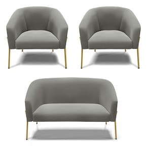 Sofá Namoradeira E 2 Poltronas Pé De Ferro Dourado Stella Suede Grafite D03 - D`rossi