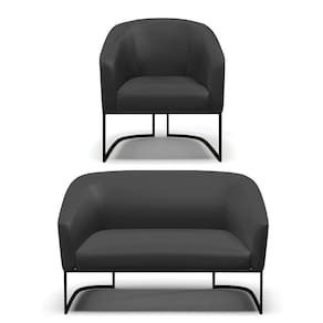 Sofá Namoradeira E Poltrona Base Industrial Preto Stella Corino Preto D03 - D`rossi