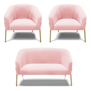 Sofá Namoradeira E 2 Poltronas Pé De Ferro Dourado Stella Suede Rosa Bebê D03 - D`rossi