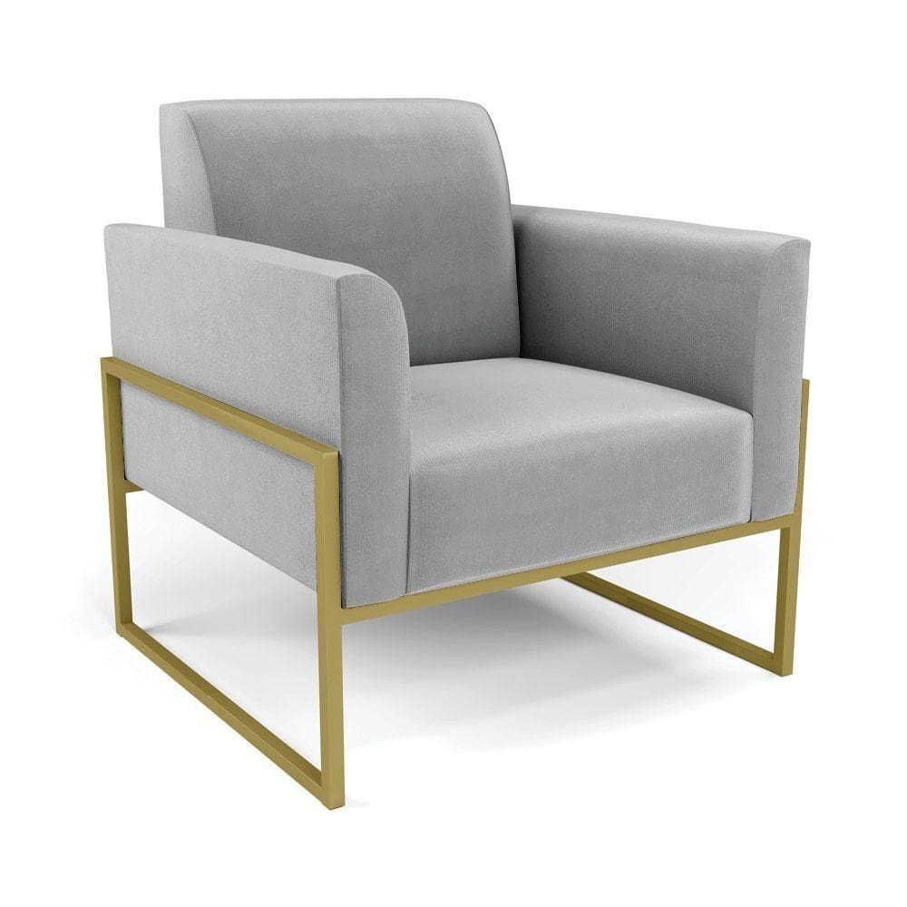 Poltrona Base Industrial Alta Dourado Marisa Suede Cinza D03 - D\`rossi