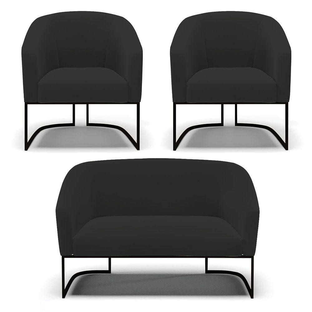 Sofá Namoradeira E 2 Poltronas Base Industrial Preto Stella Veludo Preto D03 - D`rossi