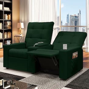 Poltrona Do Papai Reclinável Sala De Cinema 2 Lugares Manual Baú Usb Veludo Verde Esmeralda