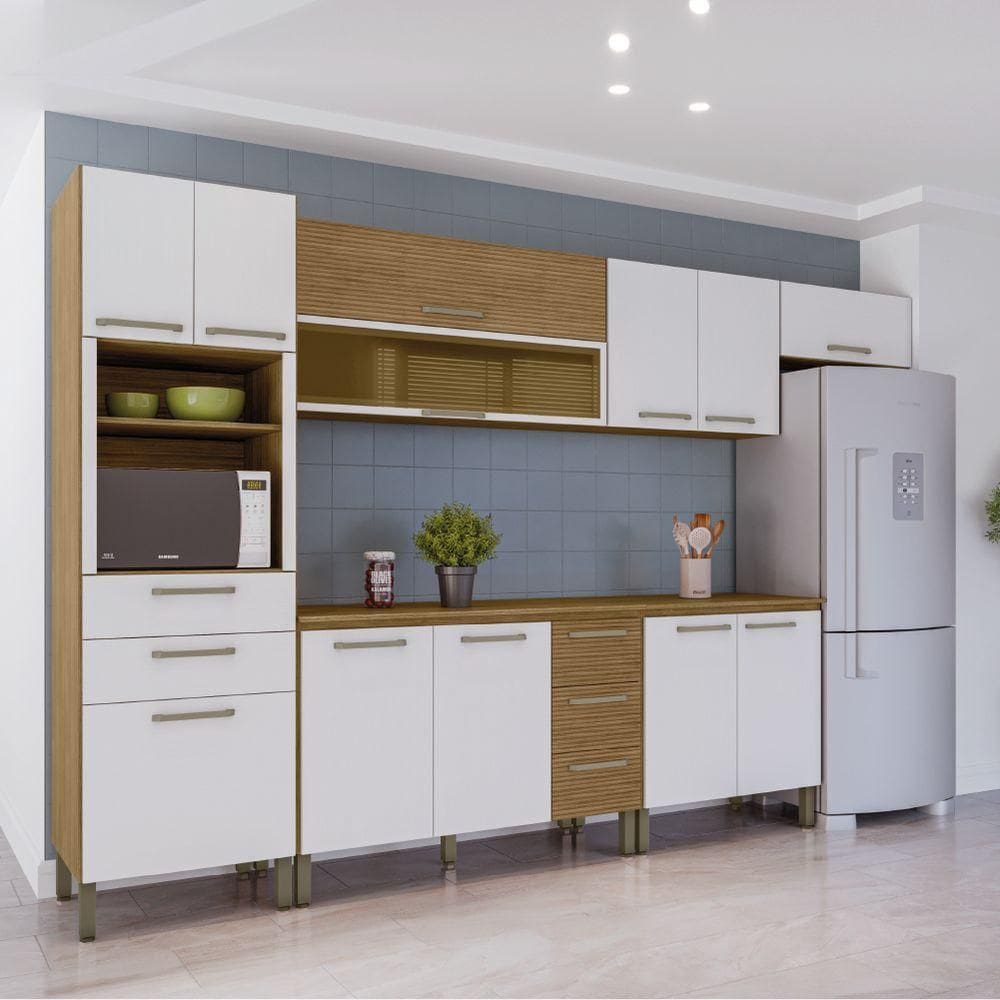 Armário De Cozinha Completa Com Balcão Ametista Kit?s Paraná Nicho Para Micro-ondas 12 Portas 5 Gavetas Freijo/bco