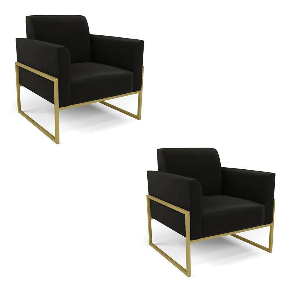 Kit 2 Poltronas Base Industrial Alta Dourado Marisa Suede Preto D03 - D\`rossi
