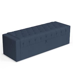 Calçadeira Báu King Size Atena 195cm Capitonê Linho Azul - Desk Design