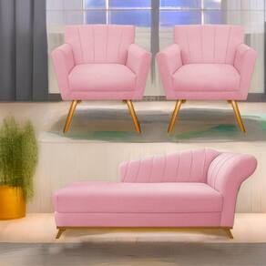 Kit Diva Recamier Vanessa 140Cm Lado Esquerdo E 02 Poltronas Laura Suede Cor Rosabebê