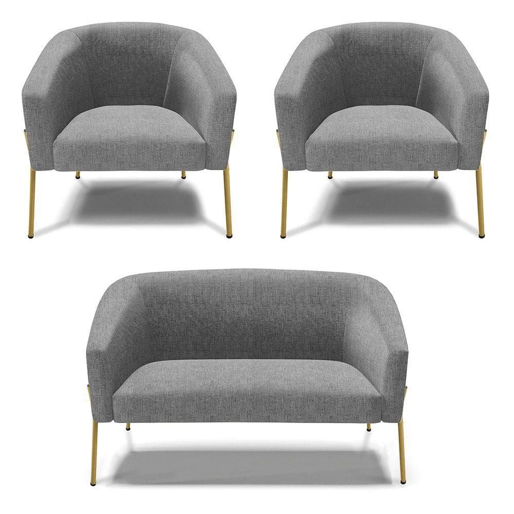 Sofá Namoradeira E 2 Poltronas Pé De Ferro Dourado Stella Linho Grafite A26 D03 - D`rossi