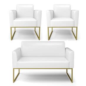 Sofá Namoradeira Com 2 Poltronas Base Industrial Dourado Marisa Corano Branco D03 - D`rossi