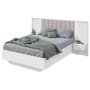 Cama Casal 140cm Com Usb, Usb-c E 2 Mesa De Cabeceiras Solaris - Lopas Branco