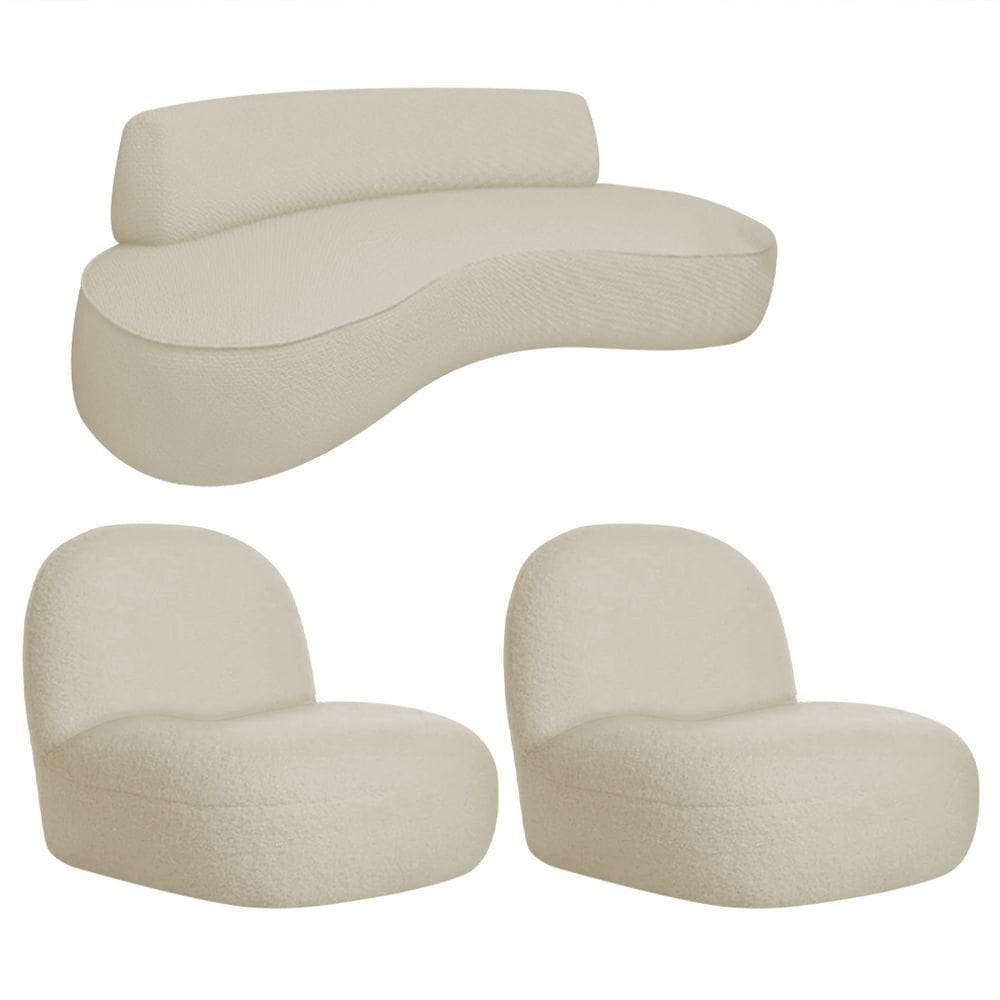 Sofá Curvo 180cm 3 Lugares E 2 Poltrona Amsterdã Bouclé - Doce Sonho Móveis Cor Bege
