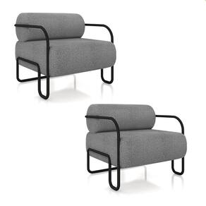 Poltrona Sala De Estar Industrial Preto Kit 2 Ameli Bouclê Cinza K01 - D`rossi