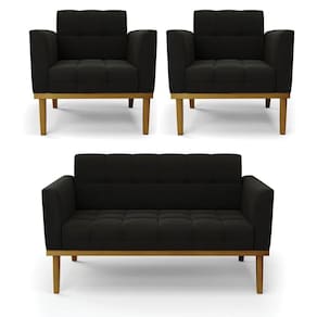 Namoradeira E 2 Poltronas Base De Madeira Castanho Elisa Suede Preto D03 - D`rossi