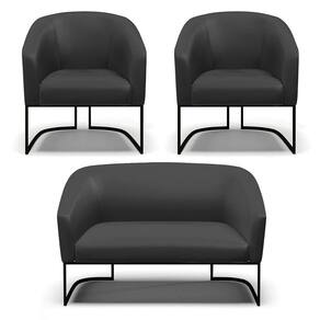 Sofá Namoradeira E 2 Poltronas Base Industrial Preto Stella Corino Preto D03 - D`rossi