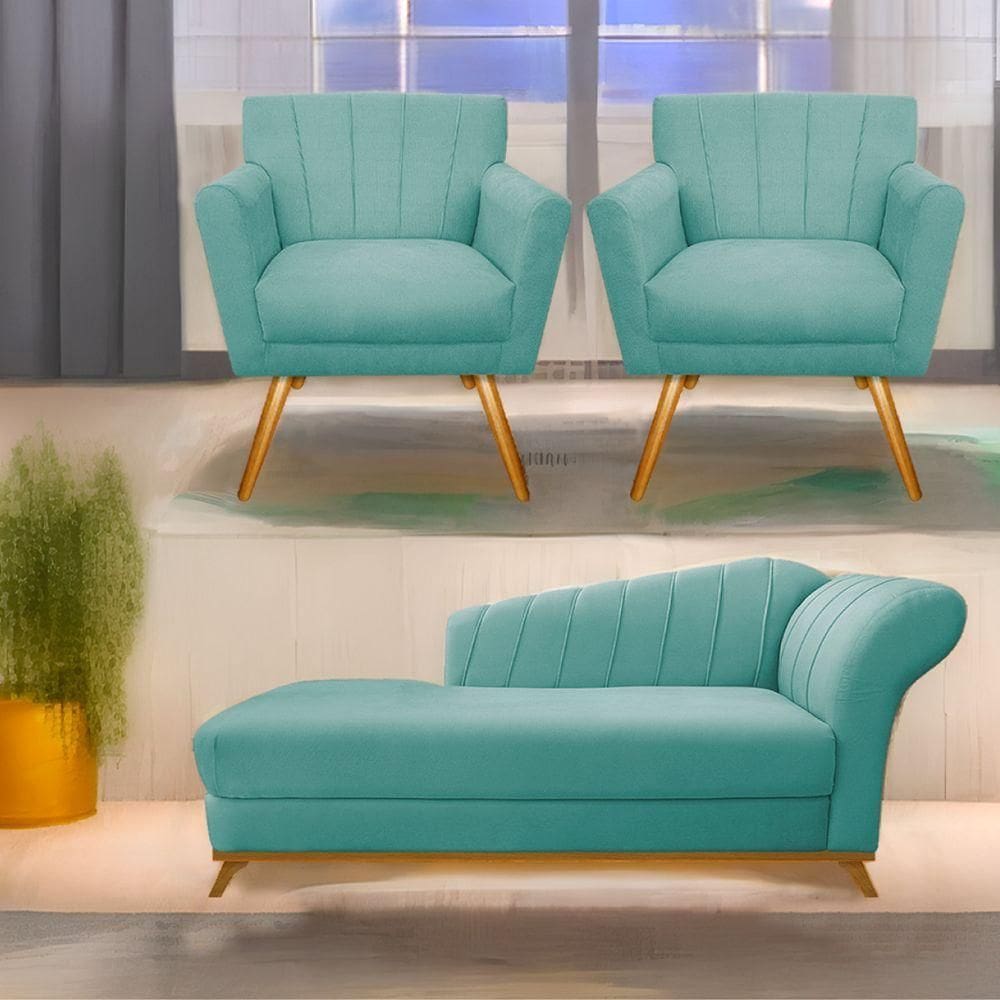 Kit Diva Recamier Vanessa 160Cm Lado Esquerdo E 02 Poltronas Laura Suede Cor Azultiffany