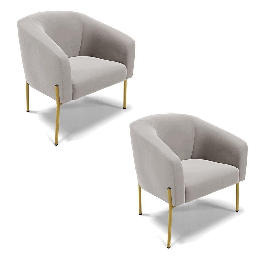 Poltrona Pé De Ferro Dourado Kit 2 Stella Veludo Cinza D03 - D`rossi
