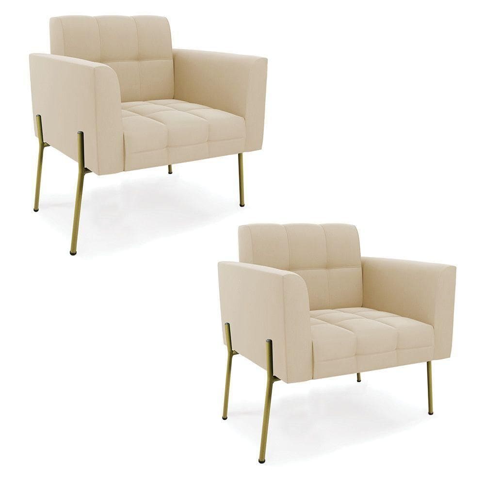 Poltrona Pé De Ferro Dourado Para Sala Kit 2 Elisa Suede D03 - D`rossi Cor Bege