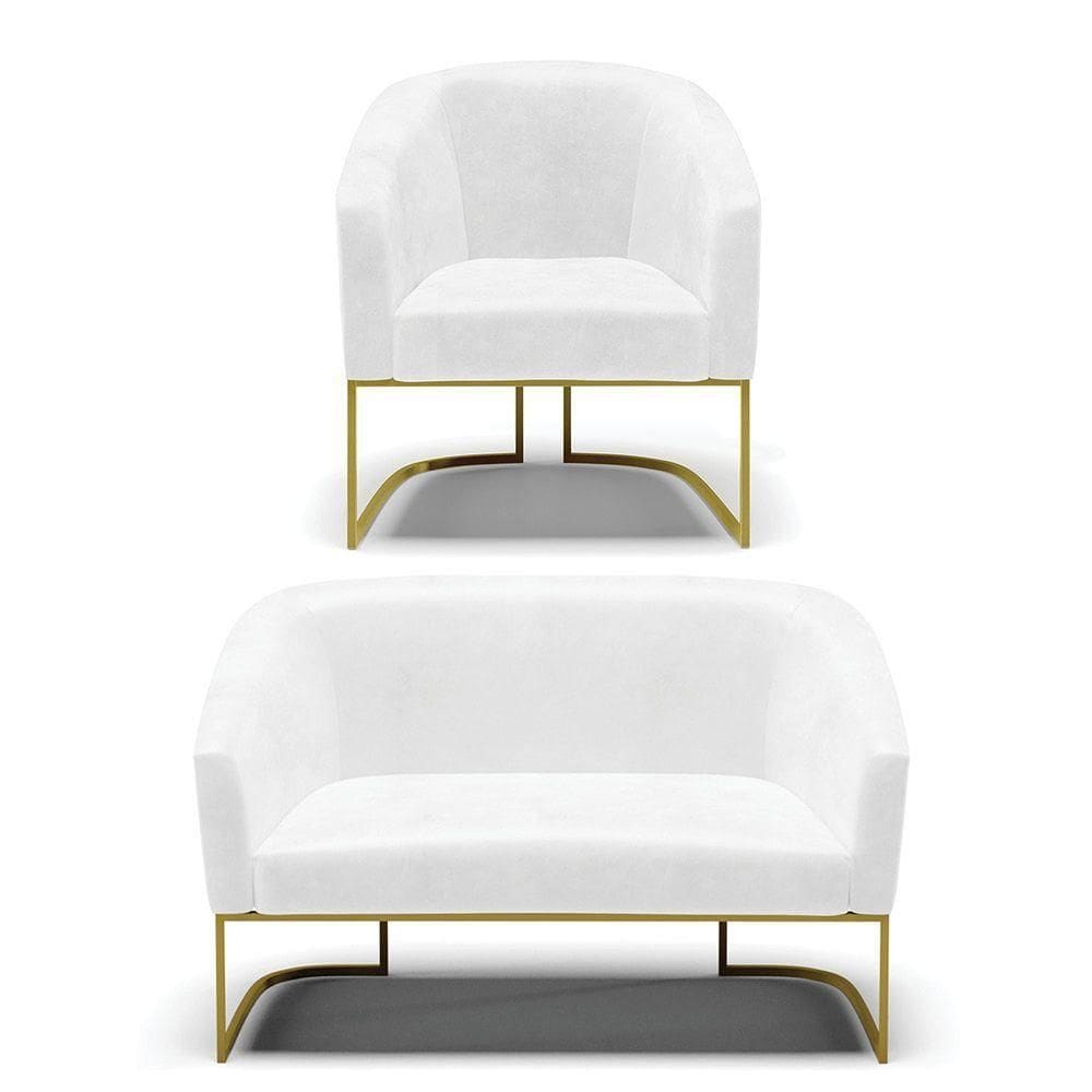Sofá Namoradeira E Poltrona Base Industrial Dourado Stella Corano Branco D03 - D`rossi