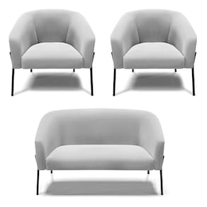 Sofá Namoradeira E 2 Poltronas Pé De Ferro Preto Stella Suede Cinza D03 - D`rossi