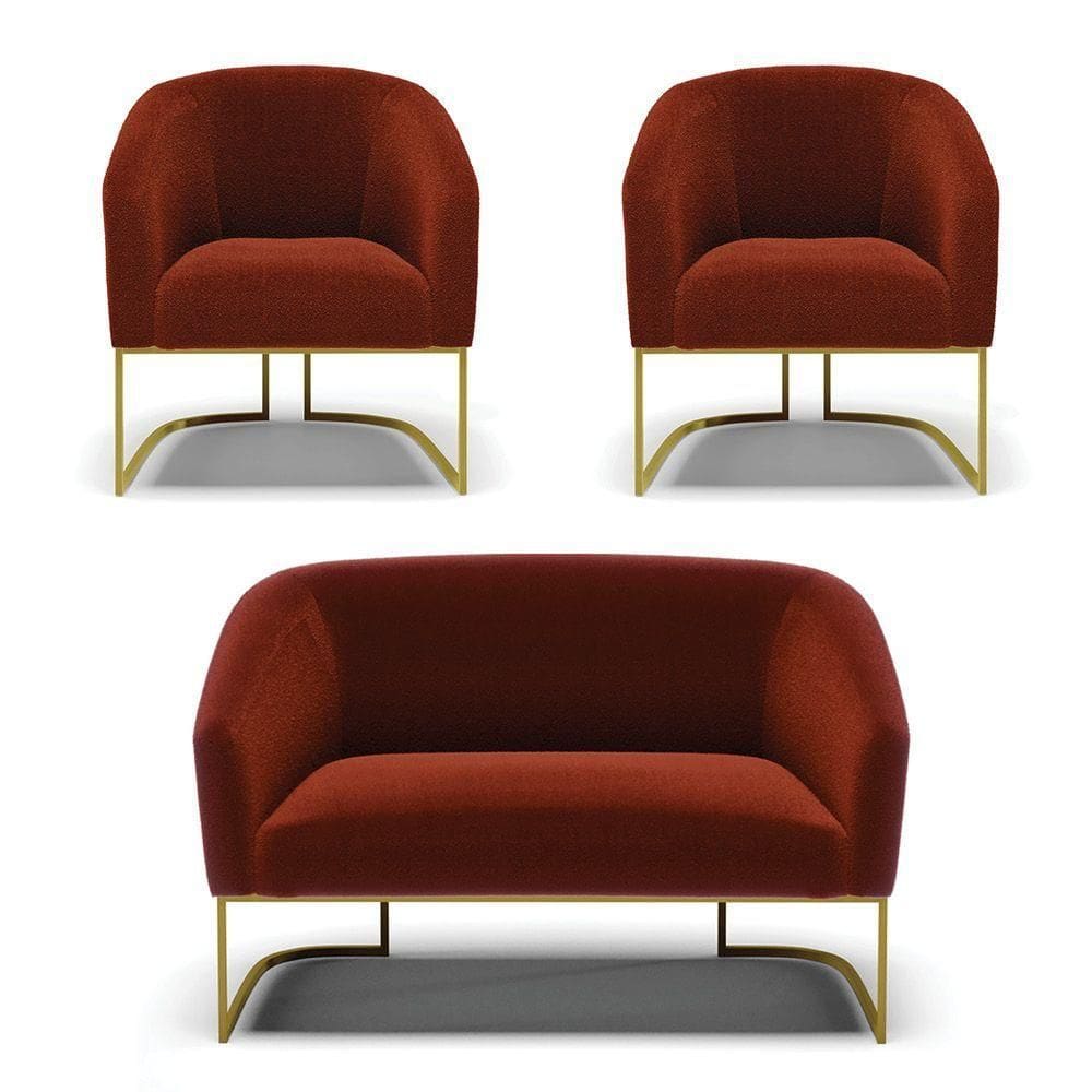 Sofá Namoradeira E 2 Poltronas Base Industrial Dourado Stella Bouclê Terra D03 - D`rossi
