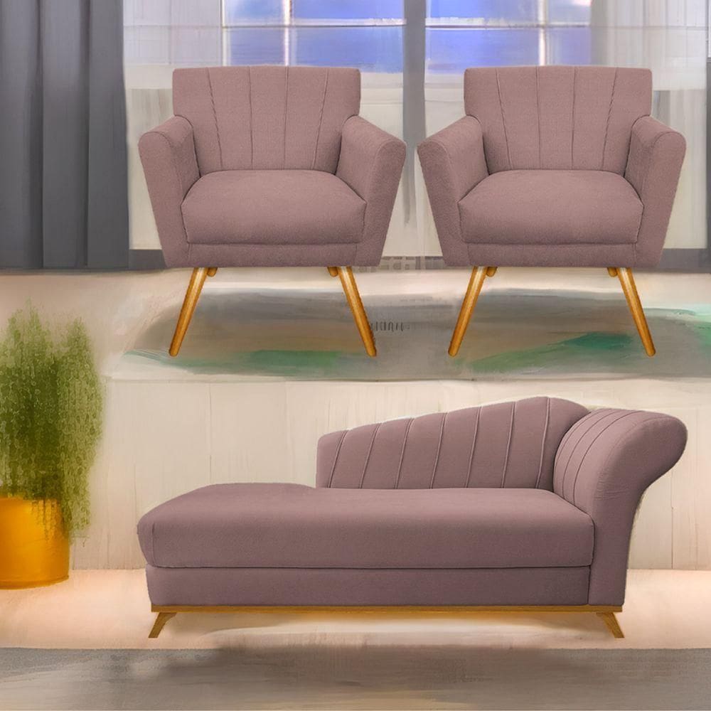 Kit Diva Recamier Vanessa 140Cm Lado Esquerdo E 02 Poltronas Laura Linho Cor Rosê