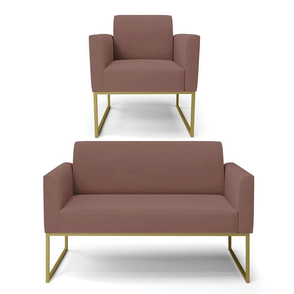 Sofá Namoradeira Com Poltrona Base Industrial Dourado Marisa Veludo Rosê D03 - D`rossi